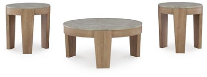 Signature Design by Ashley Coffee Table Set of 3, Round, with End Tables | 3-piece coffee and end table sets with faux cement tops and wood grain finish frames, Casual style, Guystone Series