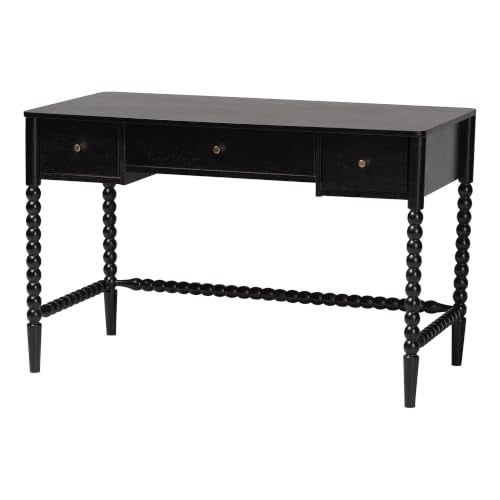 Baxton Studio Lucera Bobbin Writing Desk | 3-Drawer Home Office Desk, Spindle Frame, Black - color: Black