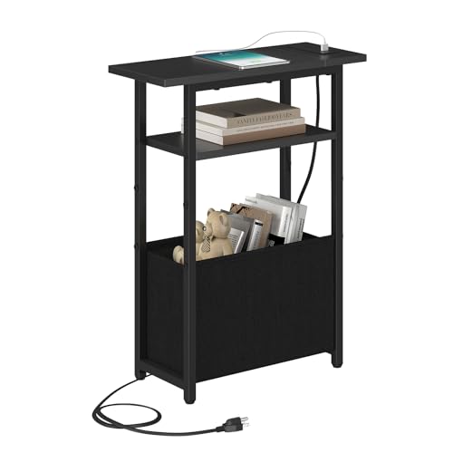 sthmec Narrow Side Table with Charging Station, Small End Table for Small Spaces, Skinny Nightstands with Storage Basket, 3 Tier Sofa Couch Bedside Tables for Living Room,Bedroom, Black - color: Black, size: Power Only