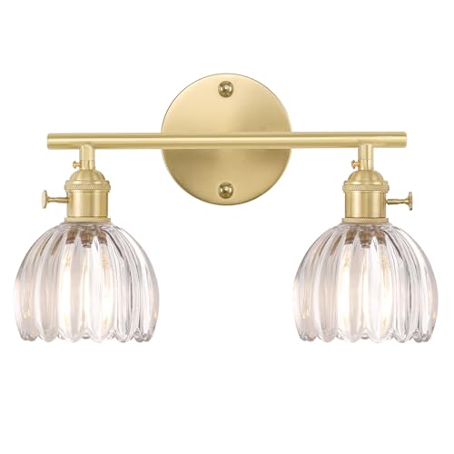 Shenmoyl Bathroom Light Fixtures, 2-Light Brass Vanity wall Light Over Mirror with Clear Tulip Glass Shade for Bedroom Living Room (Bulb Not Included) - color: Yellow Gold Base-Clear, size: 2-light