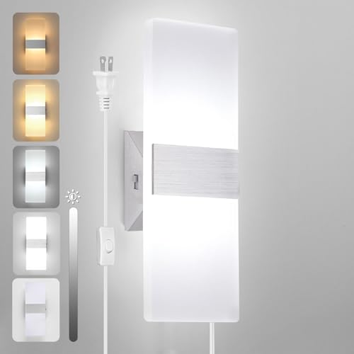 TRLIFE Modern Wall Sconce, Adjustable 4 Color Temperature LED Wall Sconce Plug in, 12W LED Acrylic Wall Mounted Light Wall Lights with 6FT Plug in Cord for Bedroom Bedside Stairway(1 Pack, Silver) - color: Silver-4 Color Temperature, size: 1 Pack