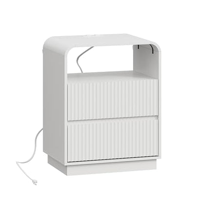 White Nightstand with Charging Station, Mid Century Modern Bedside Table & End Table, Fluted Wood Small Night Stand with 2 Hidden Drawers and Storage Shelf for Bedroom - color: White, style: 2 Drawers