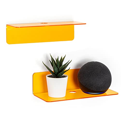 OAPRIRE Small Acrylic Floating Wall Shelves Set of 2, Flexible Use of Wall Space, 9 Inch Adhesive Display Shelf for Security Cameras/Smart Speaker/Action Figures, with Cable Clips - Clear Orange | Strong Tape Adhesive Wall Shelf, Easy Installation, Hole D