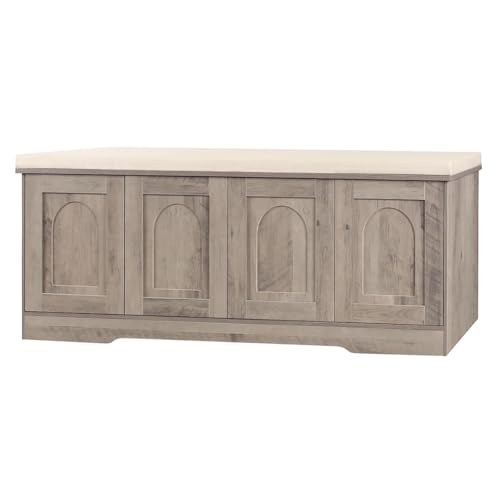 Shoe Storage Bench with Cushion, Door, Greige 47.2" LX17.7 H | Entryway Bench, 2-Tier Cabinet Bench, Widened Cubby, Fully Adjustable Shelves for Boots, Easy Assembly, Farmhouse, Bedroom - color: Greige, size: 47.2”L x 17.7”H