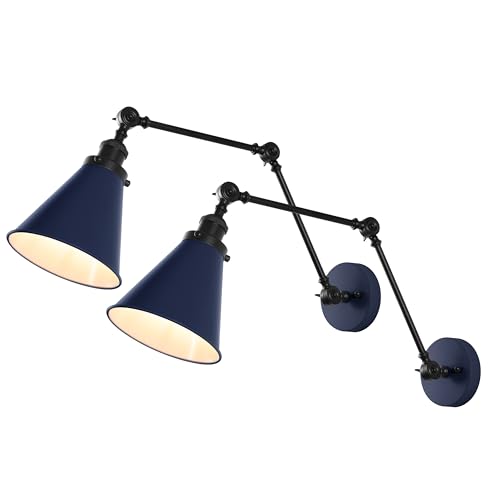 JONATHAN Y Rover 1-Light Wall Sconce 7", Navy/Black, Set of 2 | Adjustable Arm, Hardwired Bedside Reading Swing Arm, Farmhouse Cone Shade, Metal Hardwired Indoor Fixture, LED Bulbs Included - color: Navy/Black, size: Set of 2