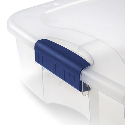 Large Storage Bin 66 Quart, Clear Underbed Storage Container with Latching Lid and 4 Wheels, Blue Plastic Organizer for Bedroom, Closet, or Home