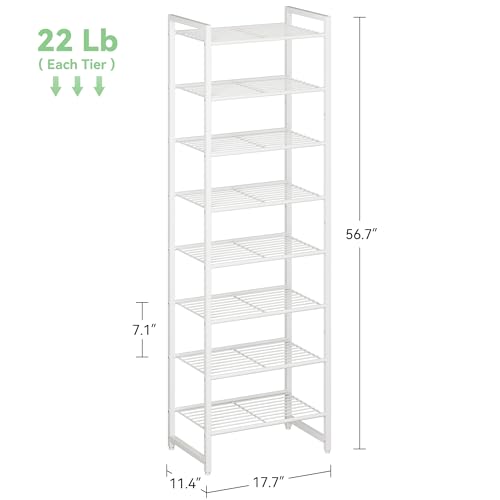 Nunsino Narrow Shoe Rack, 8-Tier Metal Shoe Organizer,Tall Shoe Shelf with Anti-Tip Strap, Max Holds 18 Pairs,Space Saving for Closet,Entryway,White - color: White, size: 8 Tier
