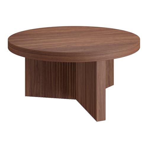 Henn&Hart 32" Scandinavian Fluted Coffee Table, Medium Walnut | Ribbed pedestal base and low profile bring Scandinavian style to small spaces including living rooms or family rooms - color: Medium Walnut, size: 32 inches