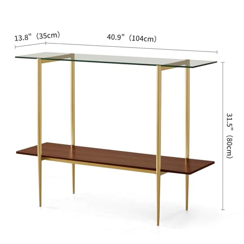 LumFurn Glass Console Table for Living Room, Foyer & Entrance, 2-Tiers Mid-Century Modern Sofa Table with Clear Glass Top, Walnut Finish Wood Top and Gold Finish Metal Frame - color: L40.9" Clear & Walnut