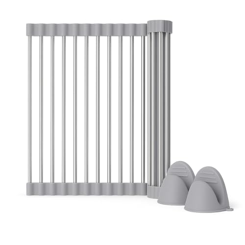 Over Sink Dish Dryng Rack - Roll Up Stainless Stell & Silicone Drying mat, Heat Resistant, Non-Slip & Foldable, Space Saving Kitchen Organizer (17.3"x 15.7") - color: Gray
