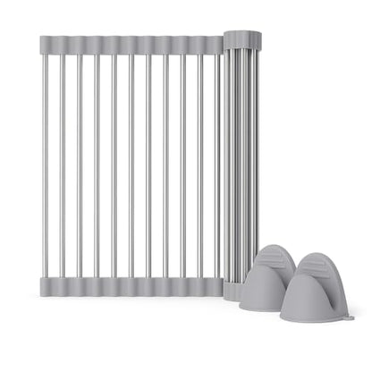Over Sink Dish Dryng Rack - Roll Up Stainless Stell & Silicone Drying mat, Heat Resistant, Non-Slip & Foldable, Space Saving Kitchen Organizer (17.3"x 15.7") - color: Gray