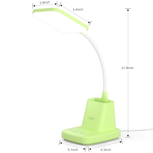 LED Desk Lamp with 10W Wireless Charging & Pen Holder, Light Green | CRI 95, 800LM, Stepless Dimming, 3 Modes, 360°Flexible Arm, Touch, Study Table Lamp for Home Office, Dorm Room, with Adapter - color: Green