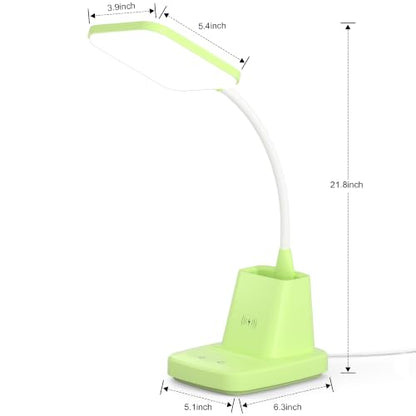 LED Desk Lamp with 10W Wireless Charging & Pen Holder, Light Green | CRI 95, 800LM, Stepless Dimming, 3 Modes, 360°Flexible Arm, Touch, Study Table Lamp for Home Office, Dorm Room, with Adapter - color: Green