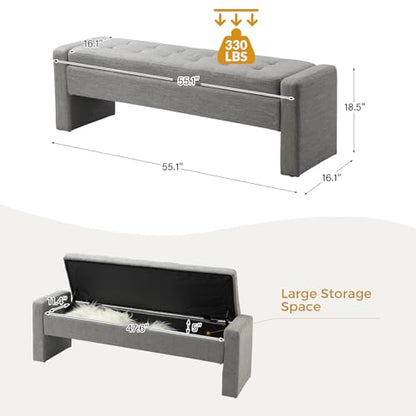 55" Modern Upholstered Storage Bench with Tufted Seat, Fabric Ottoman Bench for Bedroom, Entryway, or Living Room, Soft Close Hinge,Grey - color: Grey