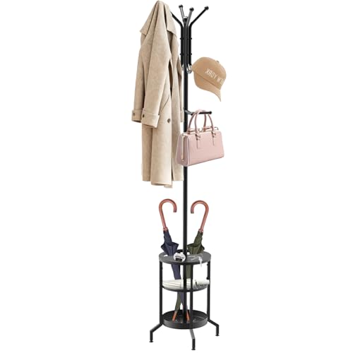 Coat Rack with Umbrella Holder, Coat Rack Freestanding, Metal Coat Tree with 12 Hooks, Modern Coat Hanger Stand for Entryway Living Room Bedroom Office