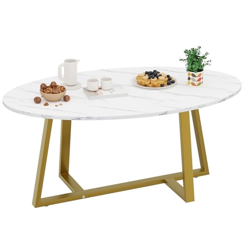 Wolawu Coffee Table White Faux Marble Coffee Table for Living Room,Oval Center Tables Modern Tea Table for Small Space,Wooden Living Room Tables End Table with Sturdy Gold Metal Leg - color: White Gold