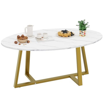 Wolawu Coffee Table White Faux Marble Coffee Table for Living Room,Oval Center Tables Modern Tea Table for Small Space,Wooden Living Room Tables End Table with Sturdy Gold Metal Leg - color: White Gold