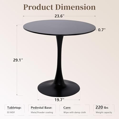 61cm(24인치) 원형 식탁, 금속 받침대 베이스가 있는 중세 튤립 테이블, 좁은 공간의 주방 다이닝 룸을 위한 현대적인 레저 테이블, 쉬운 조립, 블랙 - color: 블랙., size: 23.6 Inch
