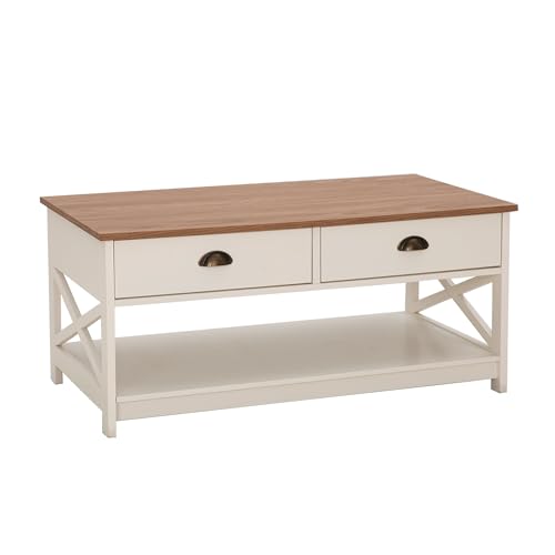 PHI VILLA White Coffee Table with Drawers,2 Tiers Living Room Coffee Table | Storage Shelf Rustic Rectangle Coffee Table with Drawers, Farmhouse Wood Coffee Table, Modern Style - color: Ivory 3