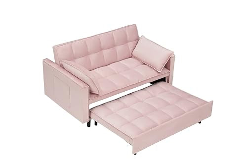 55" Pull Out Sleeper Sofa, Velvet Loveseat with Side Pockets,Pink | Velvet upholstery, 5-level adjustable back, Pull-out bed design, Sturdy frame with side pockets - color: Pink