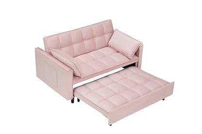 55" Pull Out Sleeper Sofa, Velvet Loveseat with Side Pockets,Pink | Velvet upholstery, 5-level adjustable back, Pull-out bed design, Sturdy frame with side pockets - color: Pink
