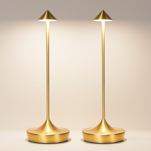 2 Pack Cordless Table Lamp, Rechargeable 6000mAh Battery Table Light | 3 Color Stepless Dimming Portable LED Table Light with Memory Function, for Outdoor/Patio/Restaurant.(Gold) - color: 2x Gold