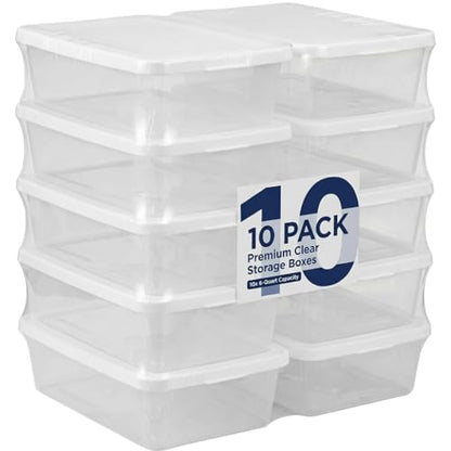10 Pack Storage Box with Lidded, 6 Quart Plastic Storage Bina, Clear Stackable Containers, Suitable for Shoe Storage, Home Organizationg and Office Organizing