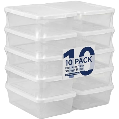 10 Pack Storage Box with Lidded, 6 Quart Plastic Storage Bina, Clear Stackable Containers, Suitable for Shoe Storage, Home Organizationg and Office Organizing