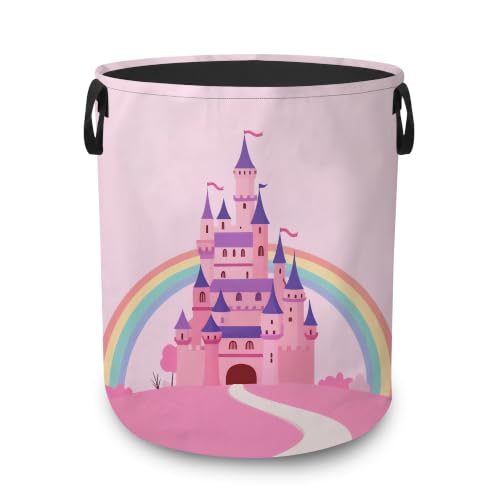 Princess Castle Dirty Clothes Hamper,Foldable Laundry Basket with Handles,Pink Rainbow Waterproof Oxford Cloth Storage Bin for Bedroom Bathroom Nursery,16 x 20 Inch - color: Princess Castle,Pink Rainbow