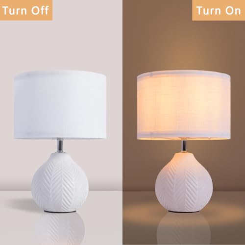 SOTTAE 12'' White Ceramic Table Lamp, Leaf Patterned Ceramic Desk Lamp Small Bedside Lamp with Linen Shade, Mid Century Modern Nightstand Lamp for Bedroom Living Room Reading Room