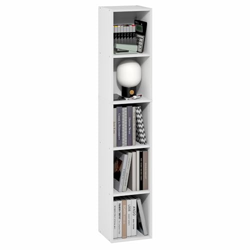 Furinno Fulda Book Shelf, 5-Tier Tall Narrow Bookshelf, Standing Bookcase with 10-in Width Storage Shelf, 9.3 x 9.8 x 51.9, for Organization Storage, for Living Room, Bedroom, Home Office, White - color: White, size: 5-Tier, 10W