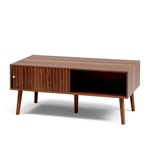 LCRBOL Coffee Table with Fluted Sliding Door, Mid-Century, Walnut | 39.3"L x 19.7"W x 17.1"H, double-sided sliding door & open shelf (7.5" clearance), golden knob, 5 tapered legs - color: Walnut(lsj012-wa)