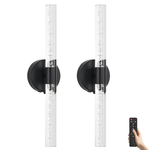 Battery-Operated Wall Sconces Set of 2, Black 20'' Rechargeable Crystal Bubble Wall Sconce with Remote Control, 3000K-6000K Dimmable LED Wireless Wall Lights for Living Room Bedroom Hallway - color: Black