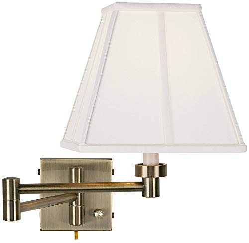 Ivory Square Shade Antique Brass Plug-In Swing Arm Wall Lamp Light Fixture | Gold Metal Fabric Adjustable for Bedroom Bedside House Reading Living Room Home Hallway Dining