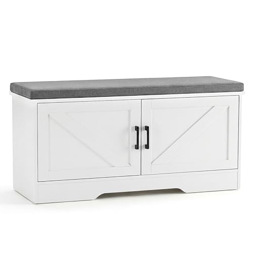 DUMOS Shoe Storage Bench, 39" Wide Shoe Organizer Cabinet with Padded Seat Cushion, 2 Doors, Adjustable Shelf for Entryway, Hallway, Bedroom, Living Room, White - size: 39 inches