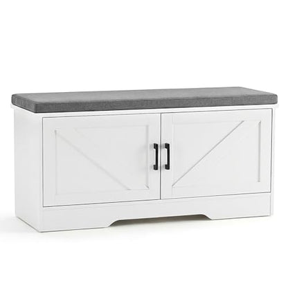 DUMOS Shoe Storage Bench, 39" Wide Shoe Organizer Cabinet with Padded Seat Cushion, 2 Doors, Adjustable Shelf for Entryway, Hallway, Bedroom, Living Room, White - size: 39 inches