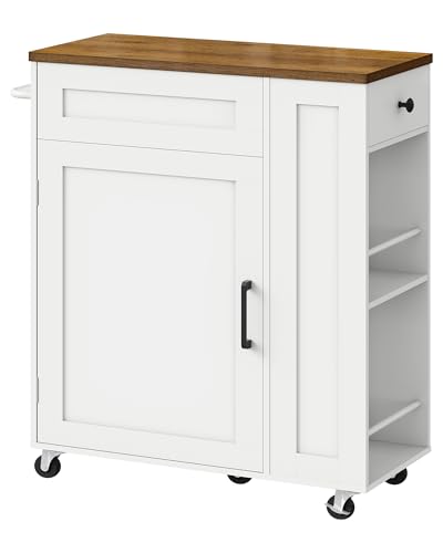 Kitchen Island Cart with Storage, Kitchen Cabinet, Mobile Kitchen Island, Storage Trolley for Kitchen with Hidden Trash Bin Cabinet, for Dining Room, White and Walnut MZD06WL