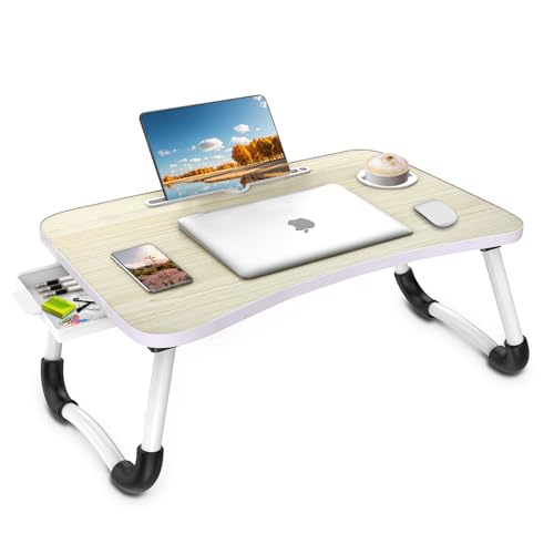Fayquaze Portable Foldable Laptop Bed Desk with Storage Drawer and Cup Holder - Lap Desk Laptop Stand Tray Table for Eating, Reading and Working - color: Maple