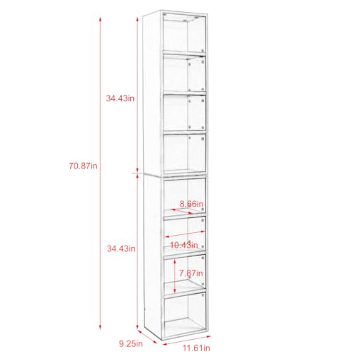 Tall Narrow Bookshelf,8-Tiers Bookcase with Adjustable Shelves,Double-Decker Combination Thin Media Tower Rack,CD DVD Slim Storage Cabinet for Living Room,Bedroom,Studio and Office (White, 71"H) - color: White