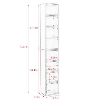 Tall Narrow Bookshelf,8-Tiers Bookcase with Adjustable Shelves,Double-Decker Combination Thin Media Tower Rack,CD DVD Slim Storage Cabinet for Living Room,Bedroom,Studio and Office (White, 71"H) - color: White