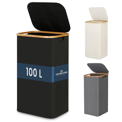 TFLC 100L Large Laundry Hamper with Lid Dirty Clothes Hamper, Black | Narrow Foldable Slim Laundry Basket with Bamboo Handles, Tall Skinny Hamper for Dorm, Bathroom & Bedroom - color: Solid Black