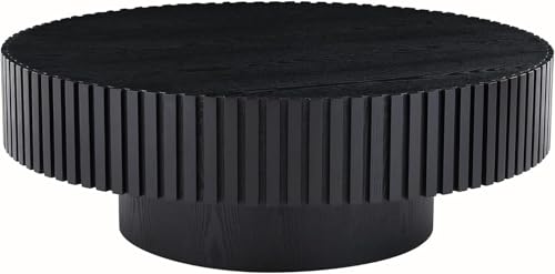 39.37'' Black Round Coffee Table for Living Room, Modern Wood Nesting Coffee Table Handcraft Circle Fluted Drum Coffee Table, Easy Assembly - color: Black, size: 39.37"x23.62"x13.42"