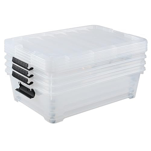 25 L Clear Plastic Flat Storage Bins Under Bed with Lids, 4 Pack | Latch Bin, With Wheels