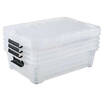 25 L Clear Plastic Flat Storage Bins Under Bed with Lids, 4 Pack | Latch Bin, With Wheels
