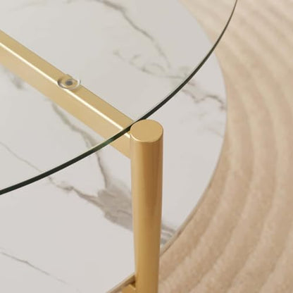 LumFurn Round Coffee Table for Living Room, Mid-Century Modern Design, D30 x H17, 2-Tier Structure, Clear Glass Top and White Marble Finish Wood Shelf, Sleek Conical Metal Legs with Gold Finish Frame - color: D30" Clear & White Marble