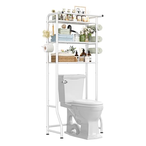 Simple Trending 3 Tier Over The Toilet Storage Rack, Metal Bathroom Shelf, Bathroom Stand Organizer Space Saver with Paper Holder and Hooks, White - color: White With Towel Rack