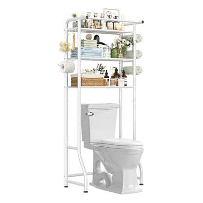 Simple Trending 3 Tier Over The Toilet Storage Rack, Metal Bathroom Shelf, Bathroom Stand Organizer Space Saver with Paper Holder and Hooks, White - color: White With Towel Rack