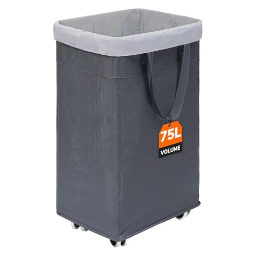 CHICVITA 75L Large Rolling Laundry Basket with Wheels & Wash Bag, Grey | Collapsible design saves space for corner dorms. Removable wash bag for easy laundry transport - color: Grey, size: 75L (15.7"L x 11.8"W x 24.8"H)