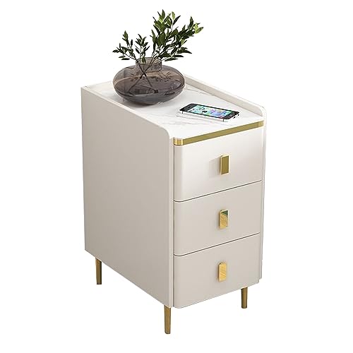 Minimalist Nightstand with Drawer, Mid-Century Modern Slim Bedside Table, Tall End Table with Metal Legs for Small Spaces - color: Off-white, size: 25x40x60cm