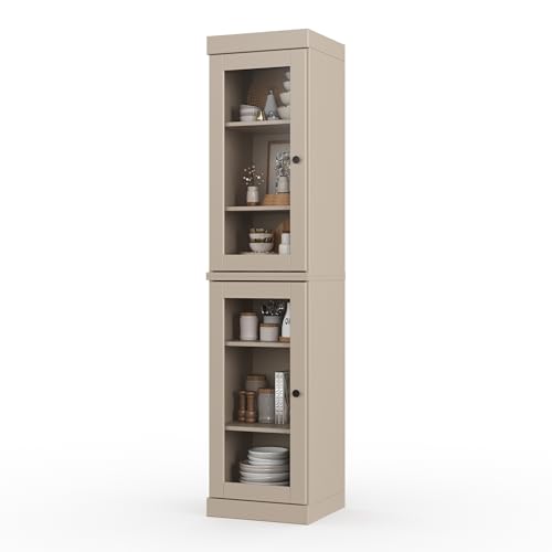 Solid Wood Kitchen Pantry Cabinet w/Glass Doors - Narrow Storage Cabinet - 16.5" Wide x 71.5" Tall - Beige, Adjustable Shelves, 100% Eco-Friendly Wood, Modular Cabinets - color: Beige, style: Clear Glass Doors